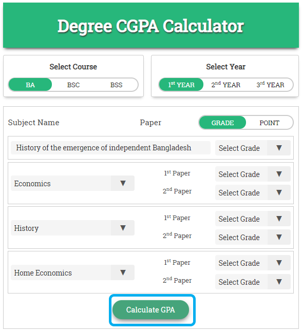 Click on Degree GPA Calculate Button
